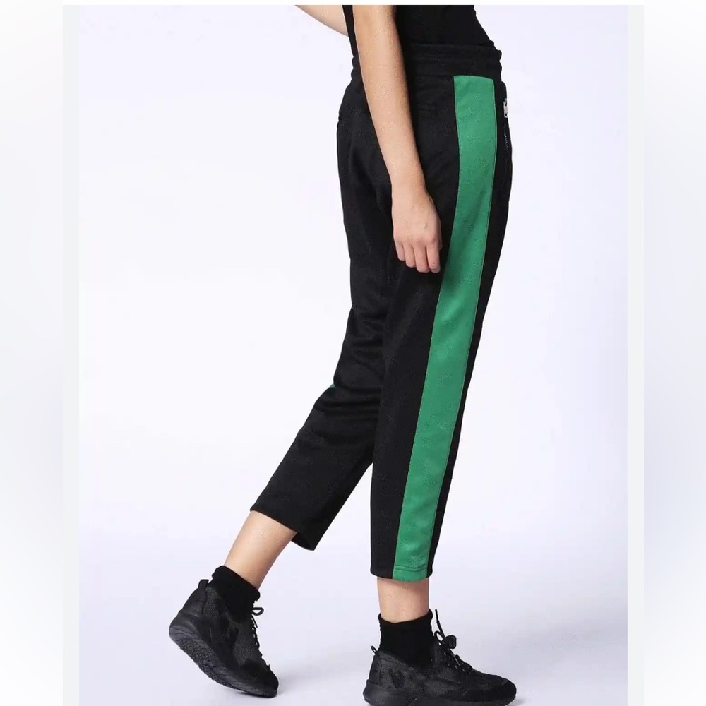 Zara black elastic waistband sweatpants with green stripe down the side of the